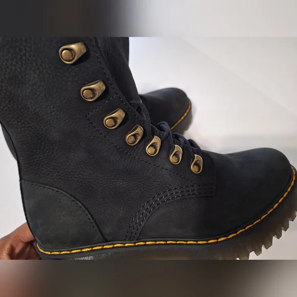 💎NWOB Dr. Martens "Leona" Black Suede Combat Heeled Boots - Picture 3 of 16